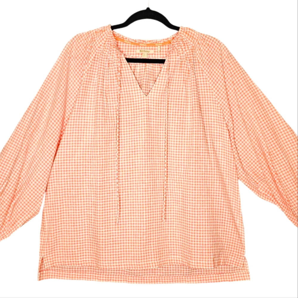 Barbour Leilani Blouse Smocked Neckline Puff Sleeves Gingham Pink Orange Top 8